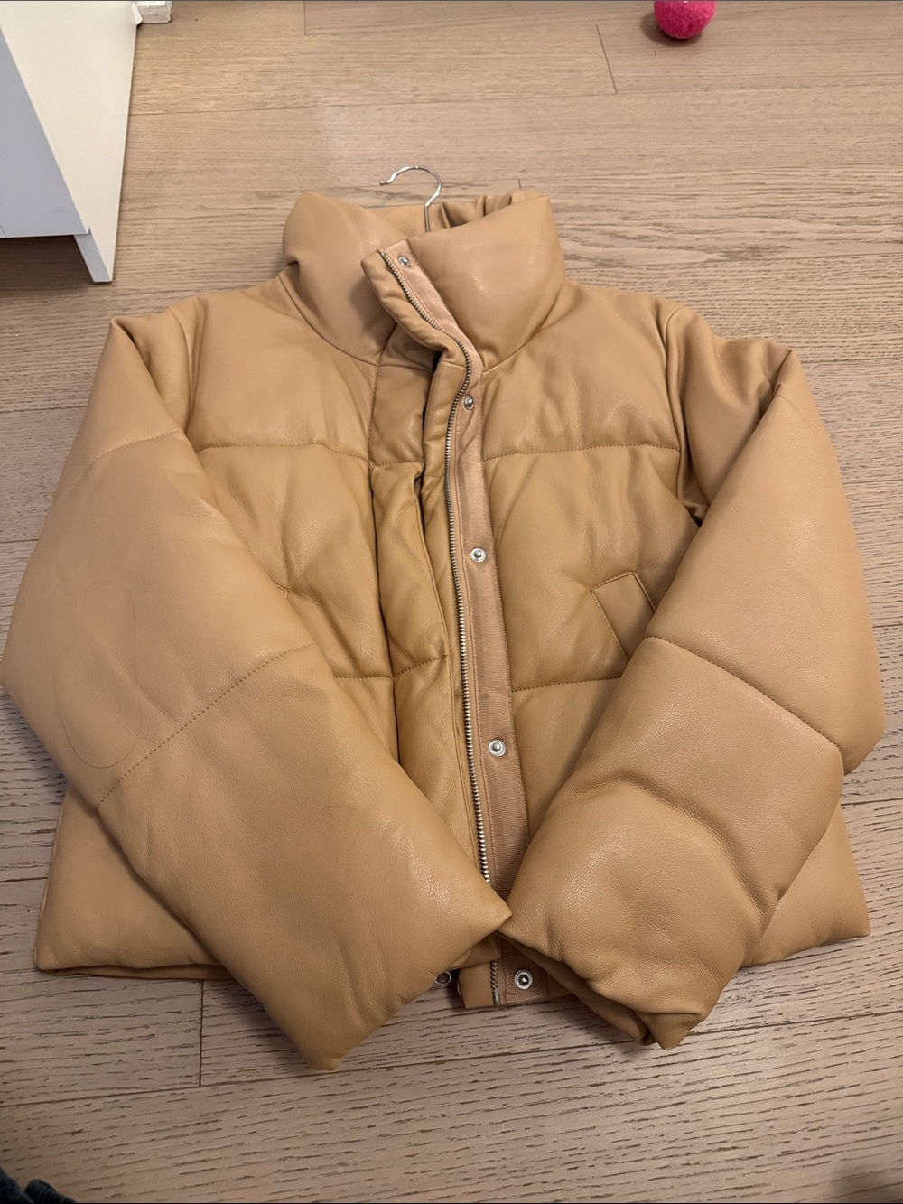 A&F Tan Mini Puffer Jacket - Quilted Leather-Look Coat